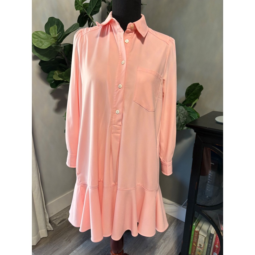 Tuckernuck Callahan Shirt Dress Peach Pink Drop Waist Flounce Hem XS Y23002T